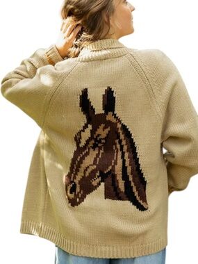 Relaxed Cream Horse Intarsia Knit Sweater